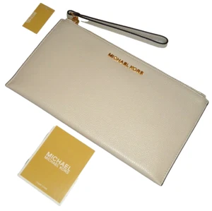 MICHAEL KORS MK Jet Set LG Zip CLUTCH Wristlet Wallet White Vanilla Leather Gold - Picture 1 of 9