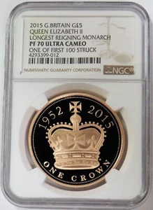 2015 GOLD 899 MINTED GREAT BRITAIN LONGEST REIGNING MONARCH 5 POUNDS NGC PF 70UC - Picture 1 of 2