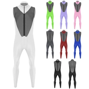 Mens Mesh Patchwork Bodysuits Zipper Crotch Bodywear Jumpsuits Glossy Swimsuits - Picture 1 of 59