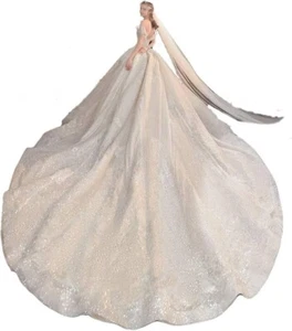 GREOENEL Amor White Wedding Dress Boat Neck Off Shoulder Long Tailing Princess - Picture 1 of 5