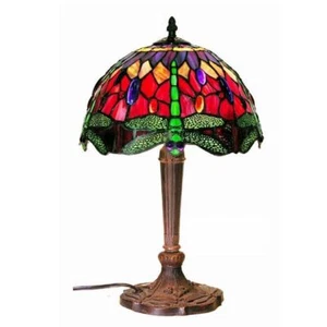 Tiffany Lamp Table Lamp Dragonfly Design in Red Glass and Metal Base Set of 1 - Picture 1 of 1