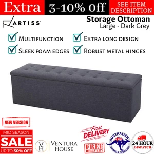 Large Fabric Storage Ottoman Blanket Box Chest Stool Linen Foot Rest Couch Grey - Picture 1 of 13