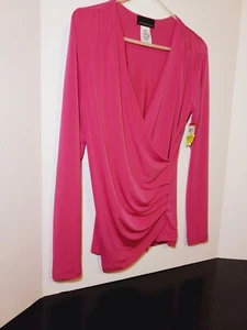 Sexy Damen Medium Attention Hot Pink V-Ausschnitt Bodycon Shirt Oberteil Bluse Langarm - Bild 1 von 20
