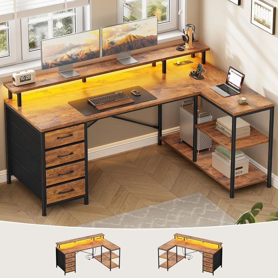 L Shaped Desk with 4 Drawers &Storage Shelves, Corner Computer Desk w/LED Lights - Image 1 of 4