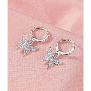 Silver Rinestone Butterfly Drop Earrings Dainty Dangle Pendant Secure Back New - Picture 1 of 5