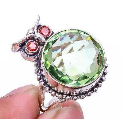 Кольцо совы из стерлингового серебра 925 пробы с зеленым аметистом и красным гранатом S.8 R_8068_66_21 - Изображение 1 из 4