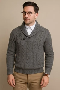 Buckle Black Label Mens LG Sweater Academia Gray Chunky Cable Knit Shawl Collar - Picture 1 of 10