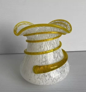Arte Murano Silvestri Glass Bud Vase Hand Blown White Splattered Yellow Swirl - Picture 1 of 8
