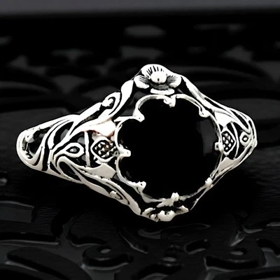 ART NOUVEAU STYLE "SCOTTISH THISTLE" BLACK AGATE 925 STERLING SILVER RING  #761 - Image 1 of 4