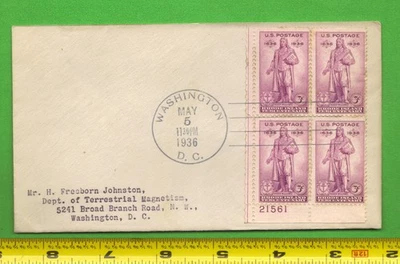 1936 FDC Scott #777 3c Stamp Plate Block to Geomagnetist H. Freeborn Johnston - Image 1 of 3