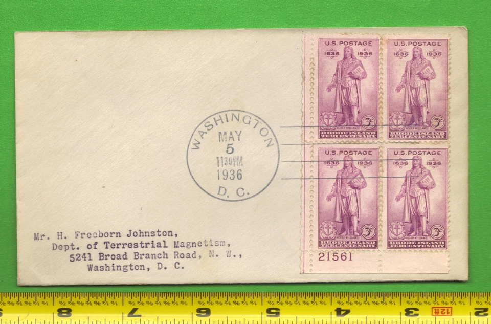 1936 FDC Scott #777 3c Stamp Plate Block to Geomagnetist H. Freeborn Johnston - Image 1 of 3