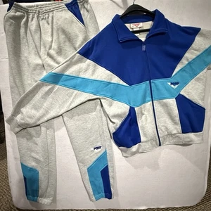 Vtg Pony Brand Sweatsuit Sweatshirt & Pants Sz LARGE Blue Teal Gray Striped 90s - Picture 1 of 15