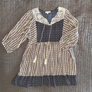 Umgee Floral Boho Baby Doll Dress V Neck Mini Balloon 3/4 Sleeves Size Large L - Picture 1 of 4