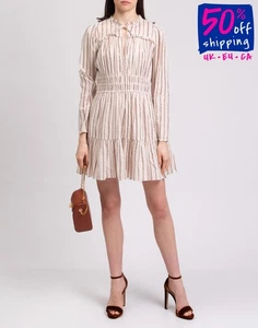 RRP €520 ULLA JOHNSON Gauze Flare Dress US4 UK8 IT40 S Gathered Striped Ruffled - Picture 1 of 8