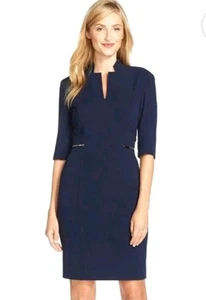 Tahari Arthur Levine Kleid Bodycon Etui dunkelblau V-Ausschnitt Karriere Büro Gr. 6 - Bild 1 von 8