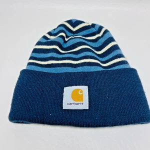 Carhartt Knit Cap Beanie Striped Navy Blue White Cuffed Y2K - Picture 1 of 4