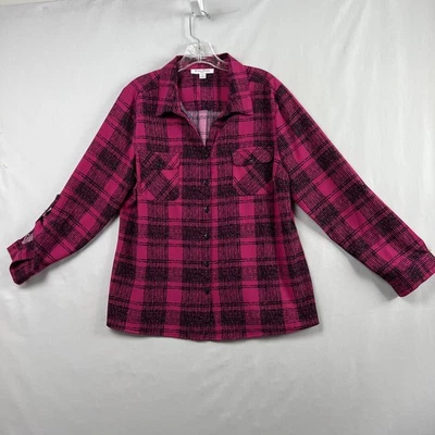 Studio Works Blouse Womens Petite XL Black Pink Plaid Button Up Pockets Classic - Image 1 of 4