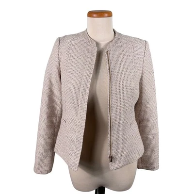 Chaqueta Blazer Calvin Klein Mujer Talla 4P Crema Cremallera Completa Frontal Tweed Forrada Oficina Foto 1 de 4