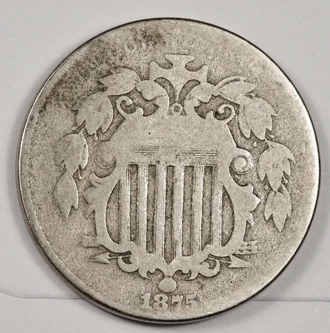 1875 Shield Nickel.  Error.  Off Center Particularly Shows on Reverse.  157152 Cover
