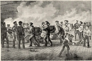 Guerra Civil Marina de los Estados Unidos en un hombre de guerra en acción carga canon estampado vintage - Imagen 1 de 1