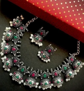 Collar indio plata oxidada indio multi kundan perla joyería Bollywood - Imagen 1 de 4