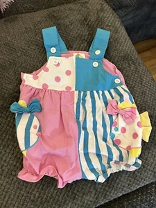 90s Overalls Shorts Celebrity Kids Brand 12 Months Fish Stripes Bows CUTE!! - Picture 1 of 6