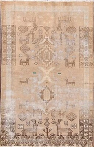 Antique Distressed Geometric Traditional Area Rug 4x6 Handmade Wool Carpet - Picture 1 of 18