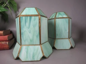 vintage pair brass and mint green slag glass tiffany style lamp light shades - Picture 1 of 8