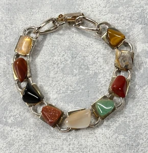 Bracelet Hand Crafted 1950s 1960s Gold Tone Base and Link Tumbled Mixed Stones - Bild 1 von 9