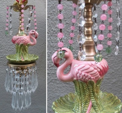 Small Swag Vintage Lamp Pink Flamingo Chandelier Crystal Opaline Porcelain Leaf - Image 1 of 4