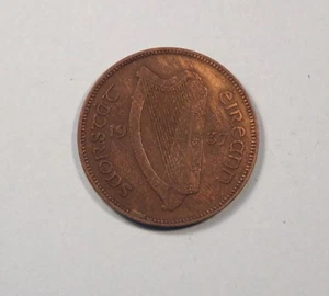 1937 1/2 Penny Ireland Bronze World Coin Irish Harp Sow Pig with Litter Eire - Picture 1 of 2