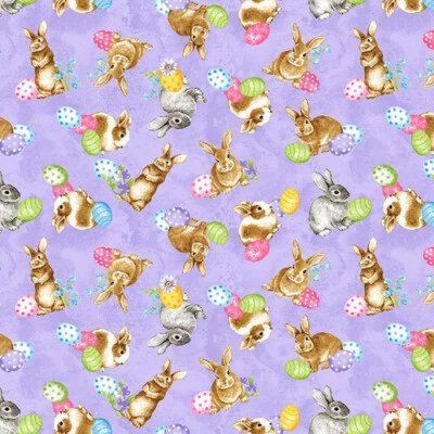 EASTER BUNNIES ON PURPLE SPRING IS HARE BY BLANK BUNNY RABBIT 棉织物 HY — 第 1/2 张图片