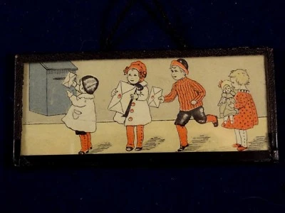 Ancien rare cadre enfant miniature courrier scène enfantine maison poupée 1920  - Photo 1/4