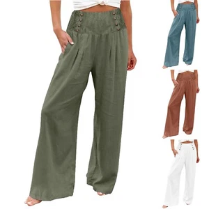 Women's Cotton Linen Wide Leg Pants Loose Palazzo Button Pants Elastic Waist - Picture 1 of 29