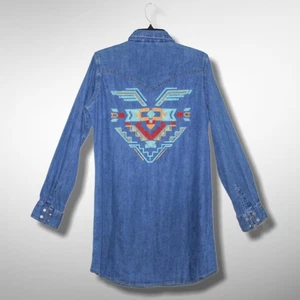 WRANGLER RETRO Large Aztec Embroidered Denim Shirt Dress Snap Closures Western - Picture 1 of 11