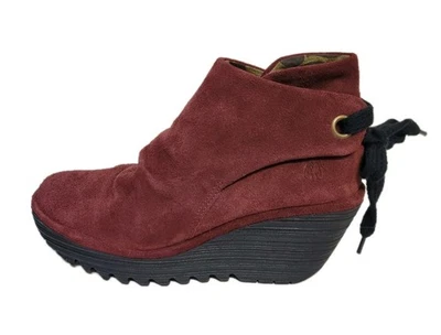 FLY London Yebi Suede Leather Ruched Wedge Ankle Boots Back Tie  EU 37 Wine - Image 1 of 4