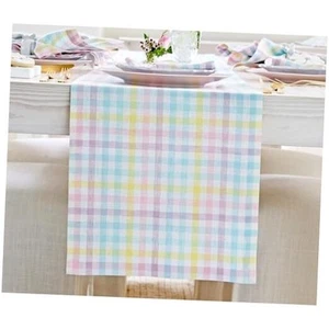 Easter Table Runner 36 Inch - 100% Pure Linen Multicolor Pastel Gingham Plaid - Picture 1 of 7