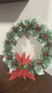 Vintage glänzender Brite Kunststoff Pointsetta Kranz mit Etikett 10" - Bild 1 von 6