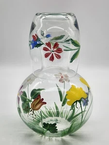 Hand Painted Florals on Clear Glass Tumble Up Bedside Carafe Decanter 7" - Picture 1 of 13