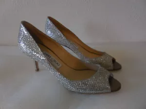 $ 595 NEU Gr. 6,5 Jimmy Choo ISABEL Champagner Glitzer Stoff offene Zehenpartie Pumpschuhe - Bild 1 von 12