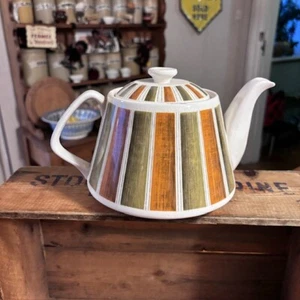 Vintage Lord Nelson Pottery Bermuda Pattern Orange / Green Striped Teapot Retro - Picture 1 of 7