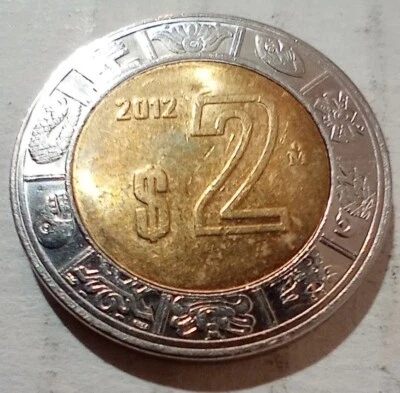 Mexico 2 Pesos Coin 2012 Bimetallic Aztec Calendar Ring Of Days - Image 1 of 2