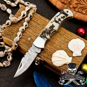 Damascus Folding knife Engraved Handle Genuine Damascus Steel | Birthday Wedding - Picture 1 of 5