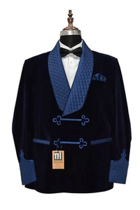 Men Blue Smoking Jacket Designer Wedding Party Wear Blazers - Picture 1 of 4