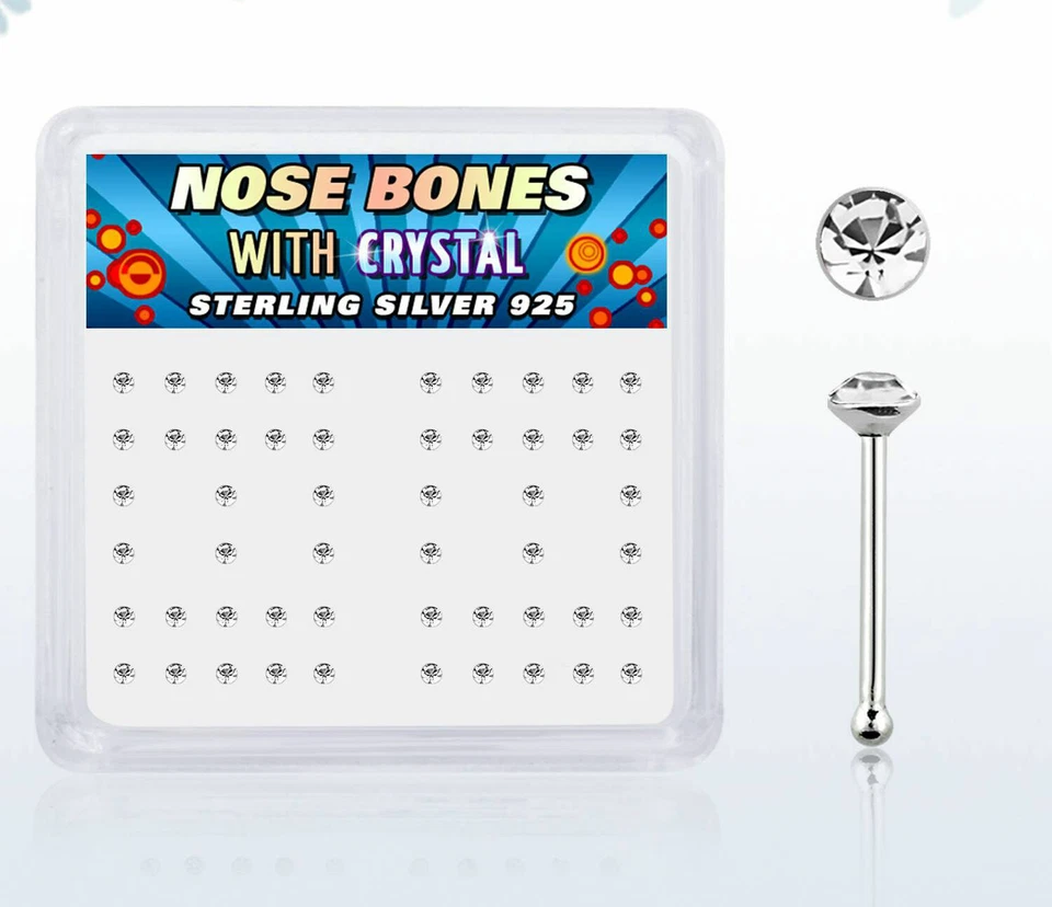 1-10 Set 22g (0.6mm) Silver Simple Nose Bone Studs 1.25mm Clear Crystal Top USA - Image 1 of 1