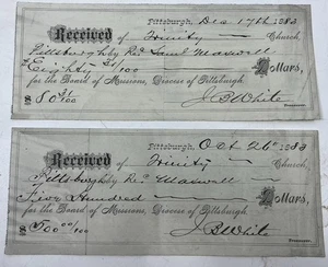 1883 Trinity Church Pittsburgh Receipts JB White Diocese Samuel Maxwell - Picture 1 of 2