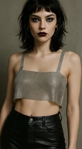 Crop top maglia metallica maglia catena donna taglia unica discoteca party club festival Y2K glam - Foto 1 di 9