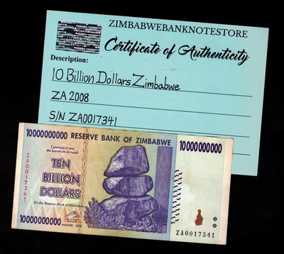 Billete de repuesto de 10.000 millones de dólares de Zimbabue 2008 certificado de autenticidad auténtico ZA0017341 Foto 1 de 3