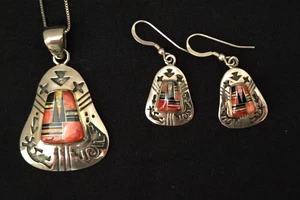 Sterling Silver Native American Mosaic Inlaid Necklace & Earrings Set - Picture 1 of 9
