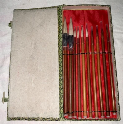 Vintage Chinese Calligraphy Set Silk Box 10 Brushes 9” Art Writing Drawing Schoo - Image 1 of 4